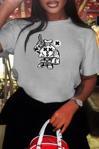 Grey Casual Vintage Print Patchwork O Neck T-Shirts