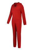 Röd Mode Casual Solid Cardigan Byxor Hood Collar Långärmad Två delar