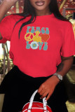 Camisetas con cuello en O de patchwork con estampado de calle de moda rojo