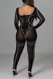 Black Fashion Sexy Patchwork Hot Drilling See-through Backless Vierkante Kraag Skinny Jumpsuits