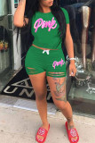 Green Fashion Casual Letter Print Ripped O Neck Short Sleeve Two Pieces