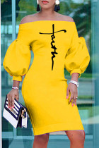 Gele mode casual print backless off-shoulder jurken