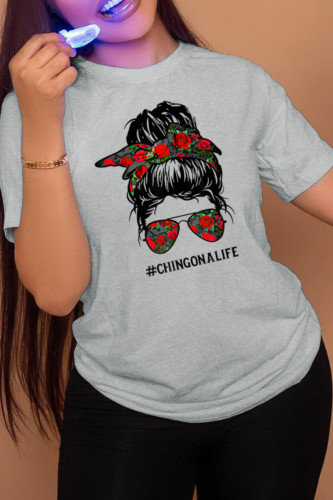 Grey Street Vintage Print Patchwork O Neck T-Shirts
