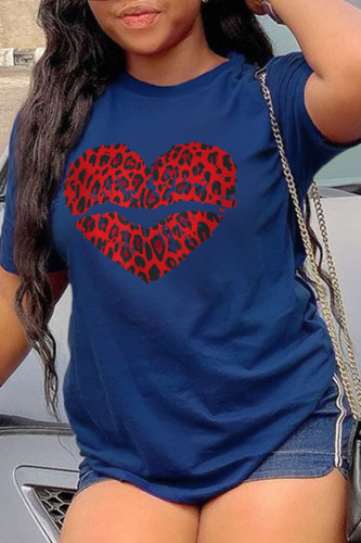 Navy Blue Casual Daily Leopard Lips Printed Patchwork O Neck T-Shirts