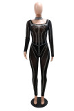 Mode noire Sexy Patchwork Hot Drilling See-through Backless Square Collar Skinny Jumpsuits