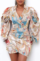 Robes jupe une étape beige sexy imprimé patchwork col en V