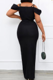 Zwarte sexy effen patchwork spleet spaghettibandjes rechte jurken