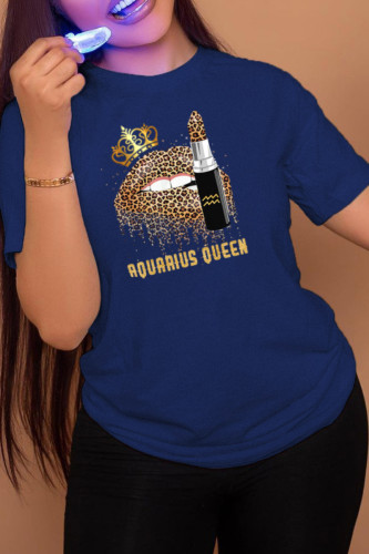 Navy Blue Fashion Street Lips Printed Patchwork O Neck T-Shirts