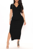 Zwarte mode casual effen spleet turndown kraag korte mouw jurk