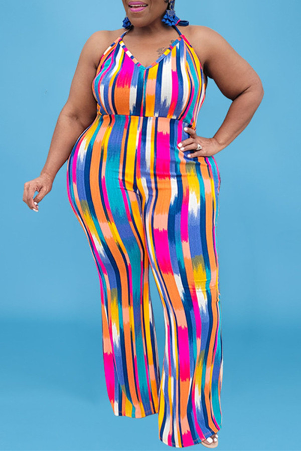 Multicolor Fashion Sexy Print Bandage Backless Halfter Plus Size Overalls