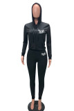 Black Casual Sportswear Letter Print Patchwork Hooded Collar Long Sleeve Two Pieces