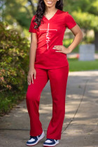 Красный Модный Повседневный принт с принтом Базовый V-образный вырез с коротким рукавом Из двух частей