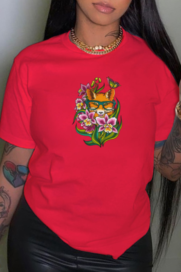 Camisetas con cuello en O de patchwork con estampado de simplicidad casual rojo