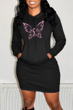 Burgundy Fashion Casual Butterfly Print Basic Hooded Collar Long Sleeve Dresses