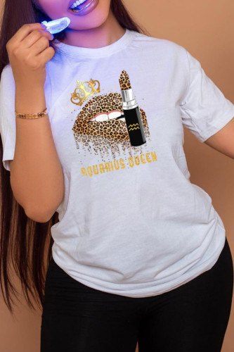 White Fashion Street Lips Printed Patchwork O Neck T-Shirts