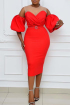 Rote, sexy, einfarbige, durchsichtige Patchwork-Kleider mit O-Ausschnitt
