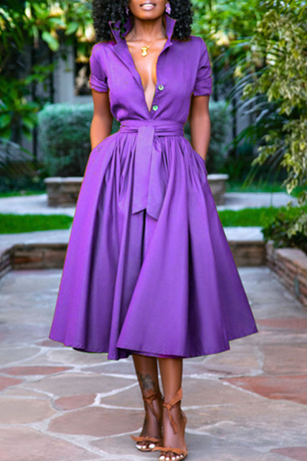 Фиолетовые повседневные однотонные пуговицы в стиле пэчворк, платье-рубашка с отложным воротником, платья