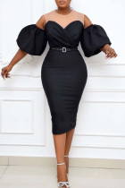 Schwarze, sexy, einfarbige, durchsichtige Patchwork-Kleider mit O-Ausschnitt