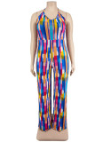 Multicolor Fashion Sexy Print Bandage Backless Halfter Plus Size Overalls