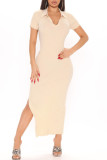 Абрикосовое модное повседневное однотонное платье с коротким рукавом и отложным воротником с разрезом