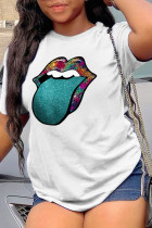 White Fashion Daily Lips Printed Patchwork O Neck T-Shirts