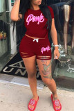 Burgundy Fashion Casual Letter Print Ripped O Neck Short Sleeve Two Pieces