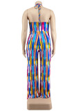 Multicolor Fashion Sexy Print Bandage Backless Halter Plus Size Jumpsuits