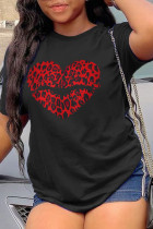 Zwart Casual Dagelijks Luipaard Lippen Bedrukt Patchwork O-hals T-shirts