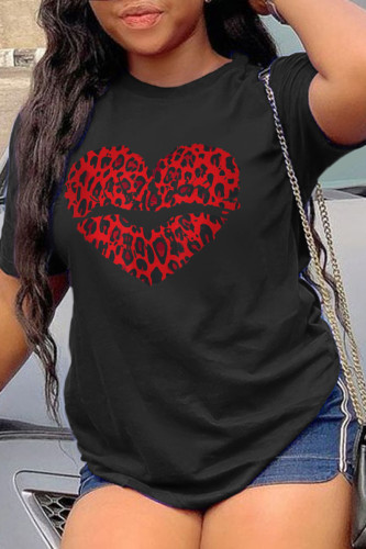 Black Casual Daily Leopard Lips Printed Patchwork O Neck T-Shirts