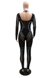 Black Fashion Sexy Patchwork Hot Drilling See-through Backless Vierkante Kraag Skinny Jumpsuits