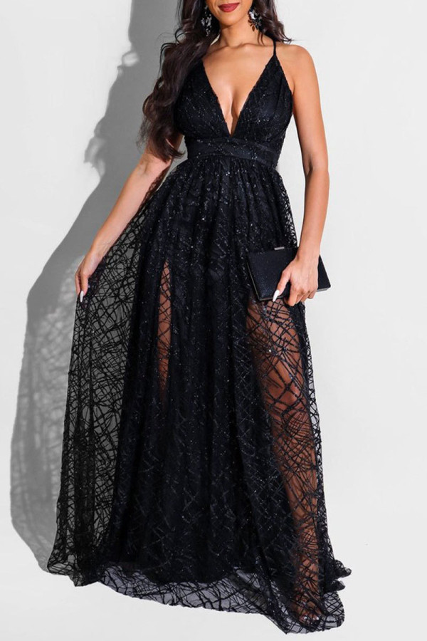 Schwarzes, sexy, solides Patchwork-Kleid mit rückenfreiem Spaghettiträger und Sling-Kleid