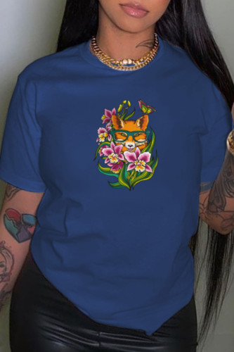 Navy Blue Casual Simplicity Print Patchwork O Neck T-Shirts