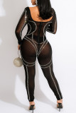 Macacão skinny preto fashion sexy patchwork furação a quente transparente sem costas