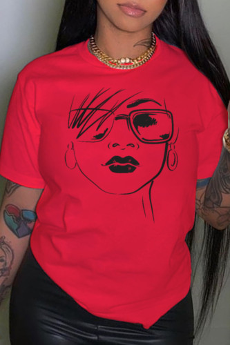 Red Casual Street Print Patchwork O Neck T-Shirts