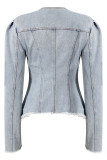 ブルーファッションカジュアルパッチワーク包帯非対称長袖レギュラーデニムジャケット