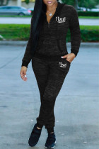Черная повседневная спортивная одежда Пэчворк с буквенным принтом Воротник с капюшоном Длинный рукав Из двух частей