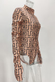 Khaki Fashion Sexy Print Basic Zipper Collar Long Sleeve Skinny Romper