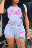 Pink Fashion Casual Letter Print Ripped O Neck Short Sleeve Two Pieces