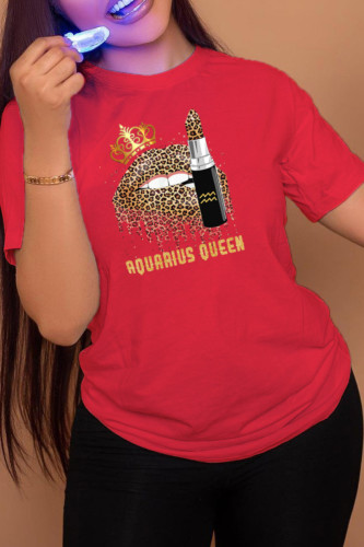 Red Fashion Street Lips Printed Patchwork O Neck T-Shirts