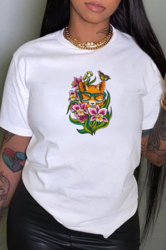 White Casual Simplicity Print Patchwork O Neck T-Shirts