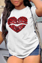 T-shirt o collo patchwork stampate con labbra leopardate bianche casual quotidiane