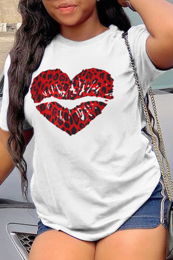 T-shirts décontractés quotidiens à lèvres léopard imprimés patchwork col rond blanc