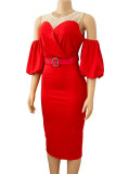 Red Sexy Solid Patchwork See-through O Neck Dresses