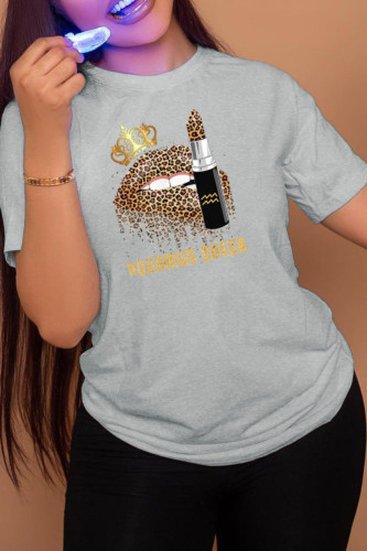 Grey Fashion Street Lips Printed Patchwork O Neck T-Shirts