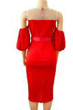 Red Sexy Solid Patchwork See-through O Neck Dresses