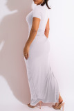 Witte Sexy Casual Solid Draw String Frenulum Slit O-hals jurk met korte mouwen
