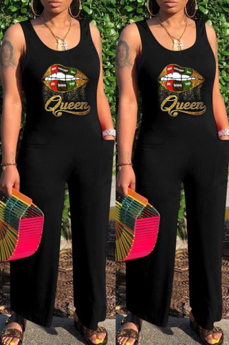 Black Fashion Casual Lips Printed Basic U Neck Regular Jumpsuits