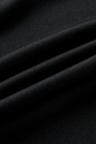 Vestido negro de talla grande, informal, de manga larga, con abertura y parches lisos, cuello redondo