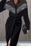 ブラックセクシーなソリッドタッセルパッチワークバックルフォールド非対称ターンダウンカラー長袖ドレス