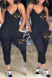 Black Sexy Casual Print Backless V Neck Regular Jumpsuits